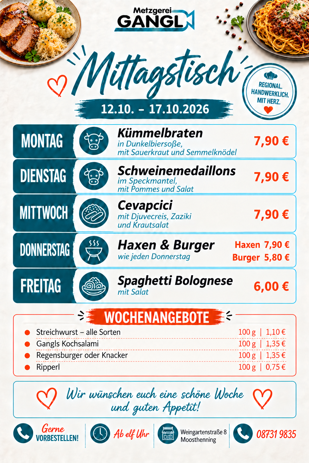 Wochenkarte der Metzgerei Gangl
